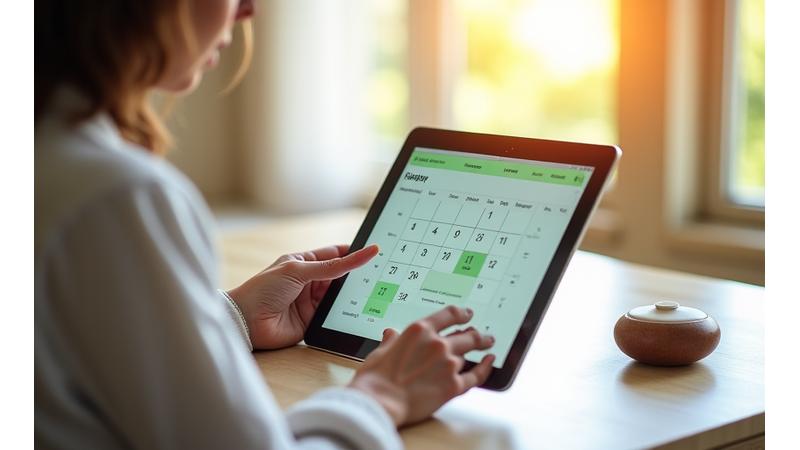 A tranquil scene of a focused individual using a tablet to schedule an appointment, surrounded by natural light and calm elements, reflecting ease and accessibility.