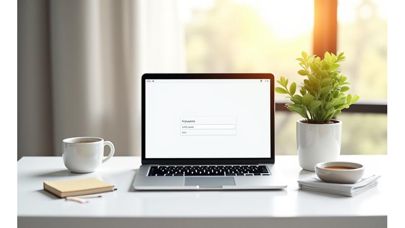 A serene, uncluttered desk space with a laptop displaying an open email client, alongside a notepad, pen, and a small, delicate plant, conveying focus and thoughtful communication.