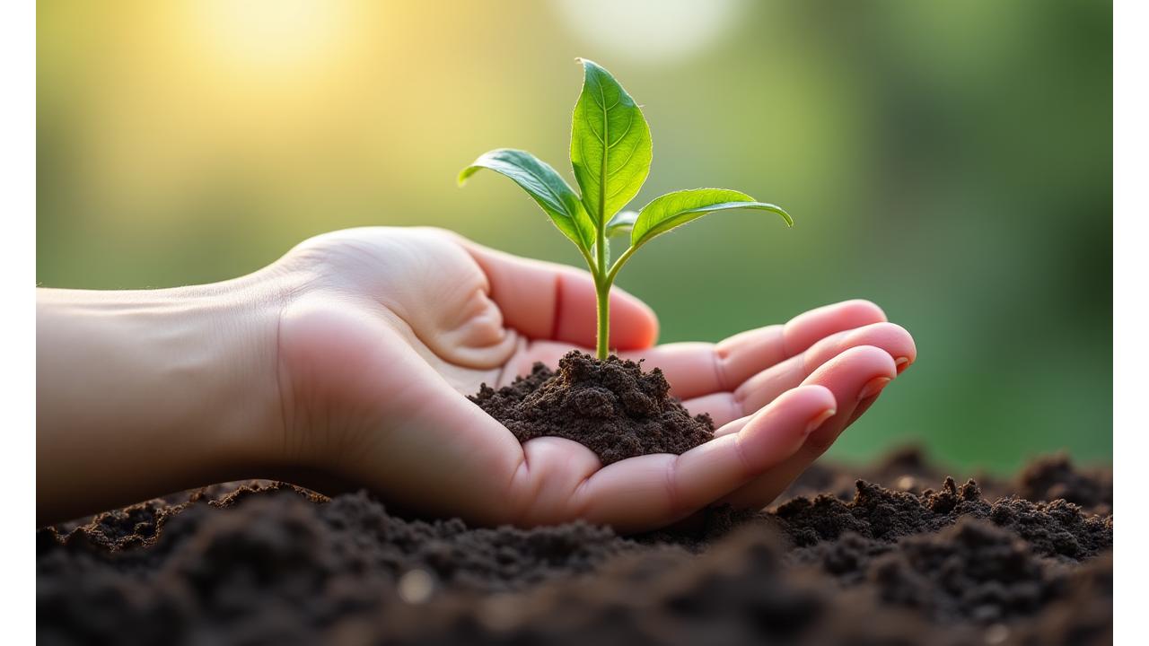 A serene hand holding a sprouting plant, symbolizing growth and gentle care, with soft green and light blue tones.