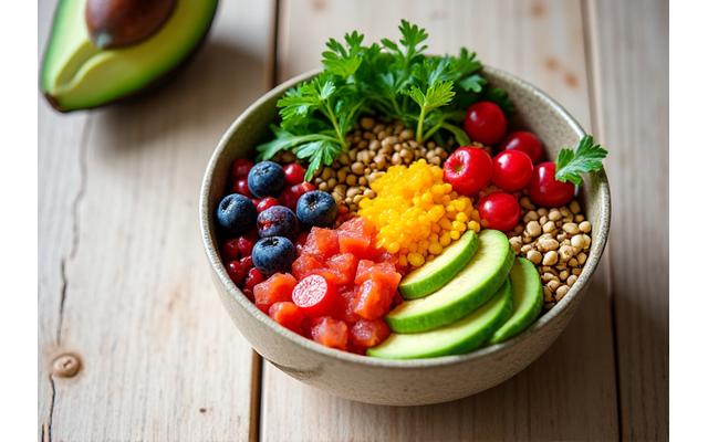 A vibrant bowl of fresh, healthy ingredients, suggesting nutritious eating.