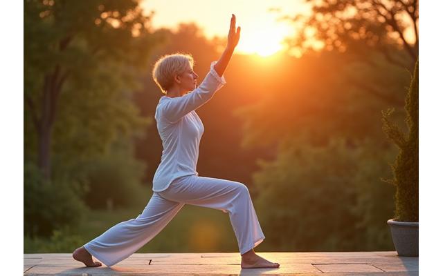A serene woman practicing gentle yoga outdoors, focused on mindfulness and flexible movement.