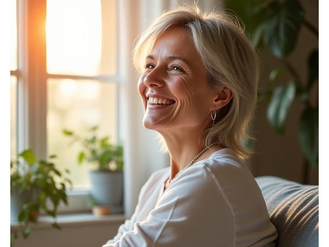 Vibrant, energized midlife adult enjoying a calm, productive morning with a balanced breakfast and natural light. Representation of 'lifestyle upgrades' and 'adult energy'.