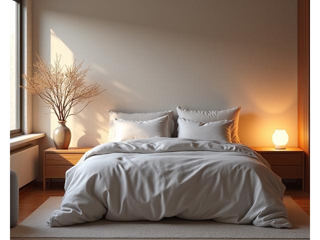 Serene bedroom with soft lighting, a comfortable bed, and a person sleeping peacefully. Focus on 'sleep strategies' and 'healthy routines'.
