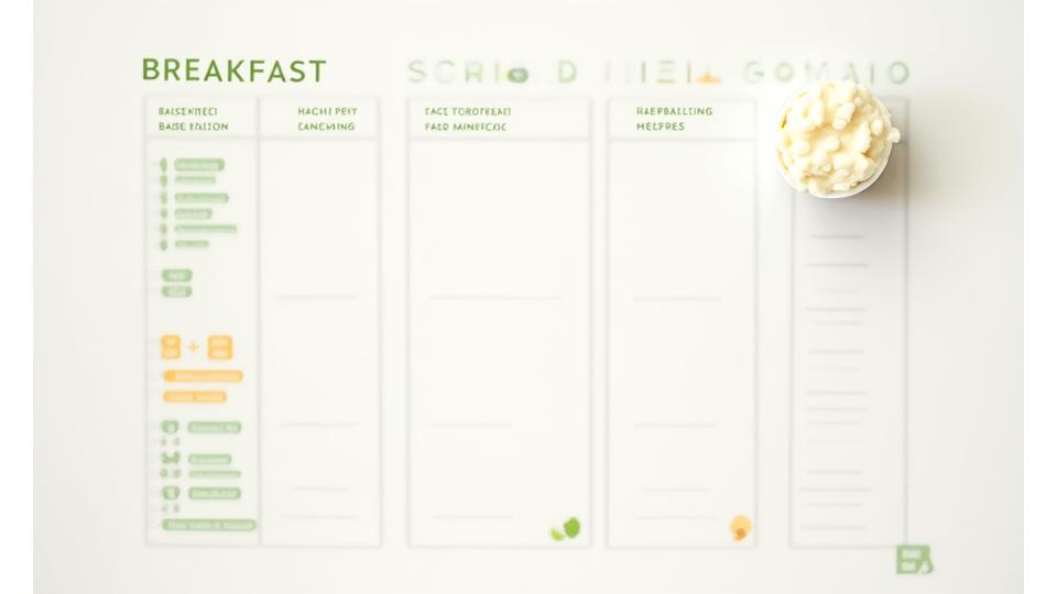 A colorful sample meal plan graphic with breakfast, lunch, and dinner options and recipe notes.