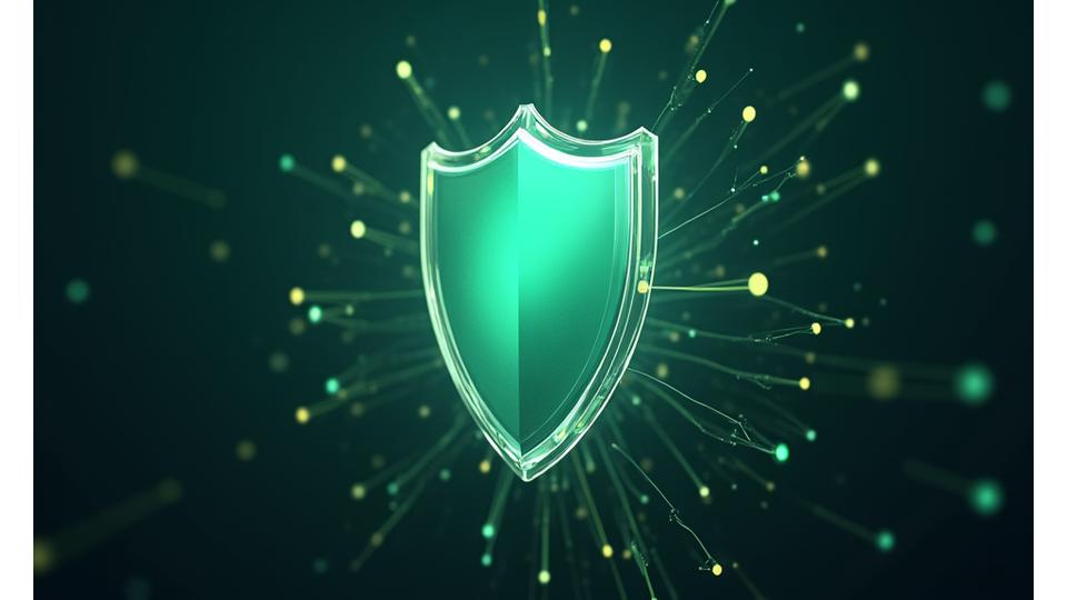Abstract cyber security shield protecting a network, representing robust data encryption and digital protection measures.