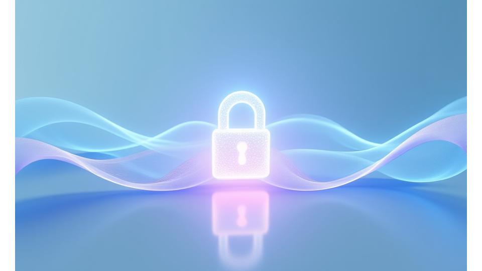 Abstract illustration of secure digital data flow with a padlock icon, symbolizing data protection and privacy at Solace Bloom Home.