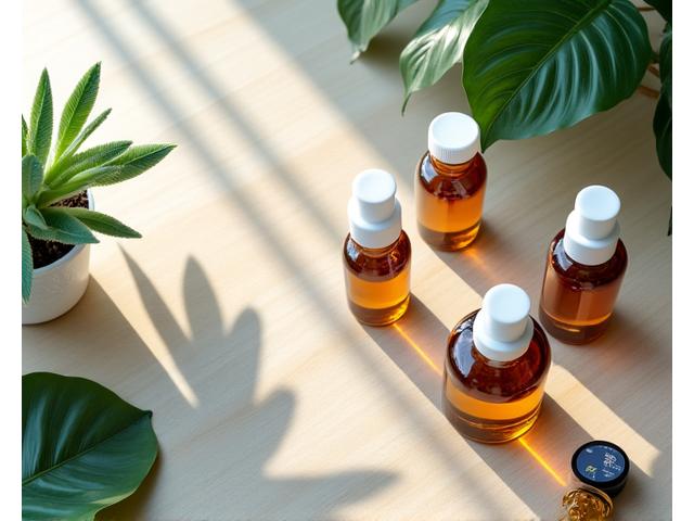 Assortment of natural wellness products, including supplements, essential oils, and health trackers, artfully arranged on a wooden table with soft lighting.