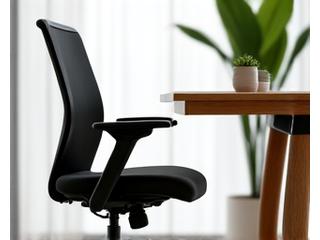 A modern, ergonomic office chair in a minimalist home office setting.