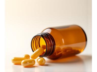 Close-up of a bottle of high-quality multivitamin capsules with natural light.