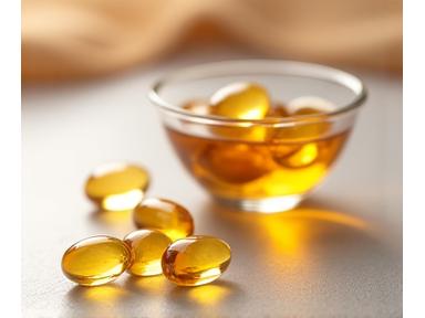 Soft focus image of Omega-3 fish oil capsules in a glass bowl.