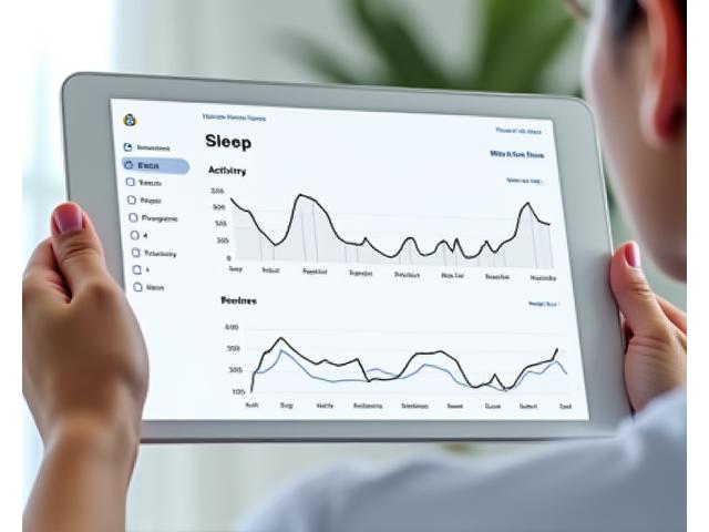 Clean, modern digital dashboard showing health metrics like sleep patterns, activity levels, and stress indicators on a tablet or computer screen.